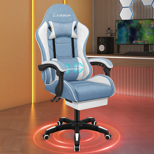 ELFORDSON Gaming Chair with 2-Point Massage Lumbar Cushion, 150° Reclining, Fabric, Blue