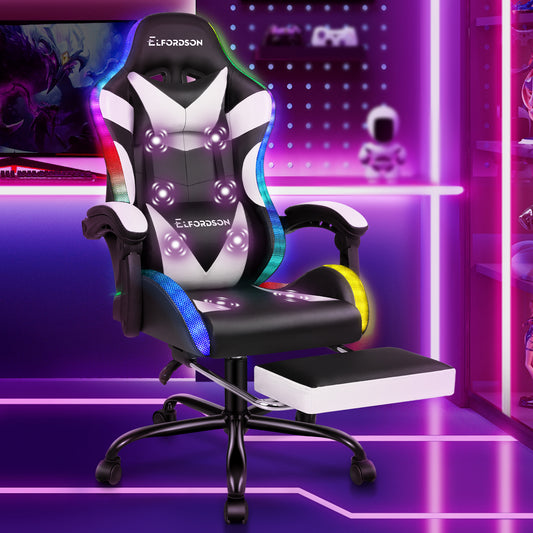 ELFORDSON Gaming Chair Office Massage 12 RGB LED Computer Seat PU Leather White