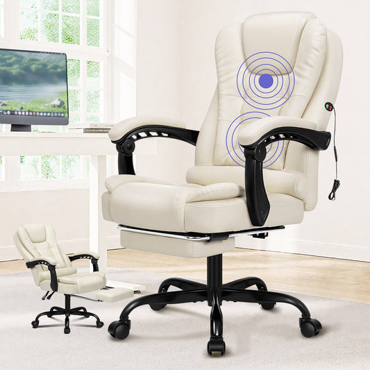 ELFORDSON Massage Office Chair with Footrest Executive Gaming Seat Leather Cream
