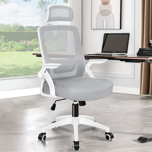 ELFORDSON Mesh Office Chair Seat Tilt Fabric Gaming Racing Computer Light Grey