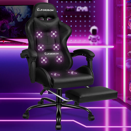 ELFORDSON Gaming Chair Office Massage Computer Racing Seat PU Leather Black