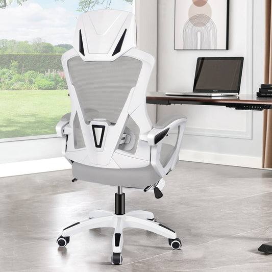 ELFORDSON Mesh Office Chair Racing Executive Fabric Seat Recliner Grey and White