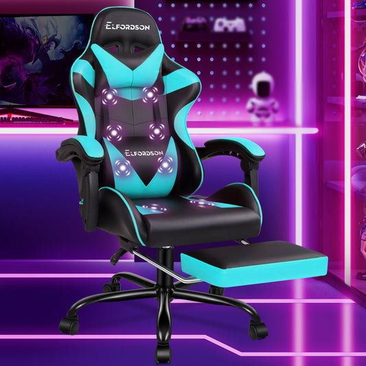 ELFORDSON Gaming Chair Office Massage Computer Racing Seat PU Leather Cyan