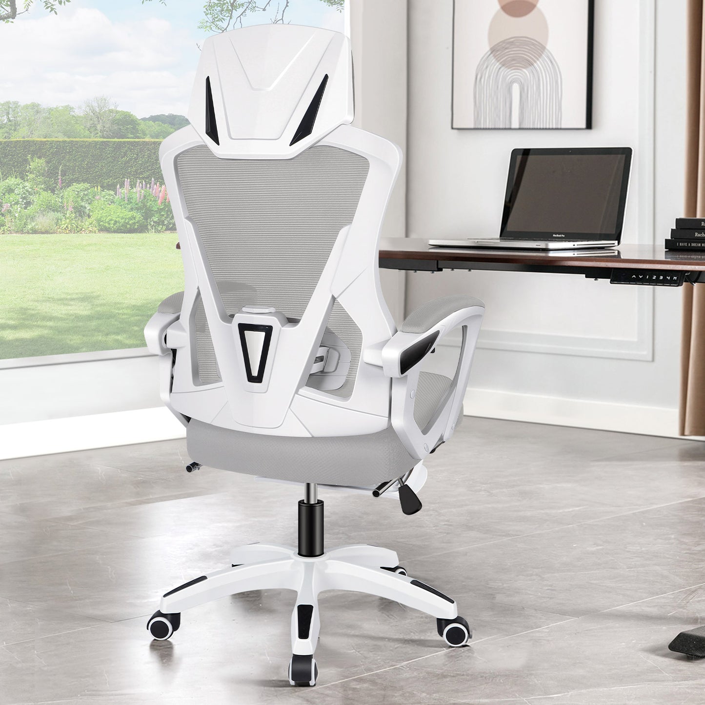 ELFORDSON Mesh Office Chair Racing Executive Fabric Seat Recliner Grey and White