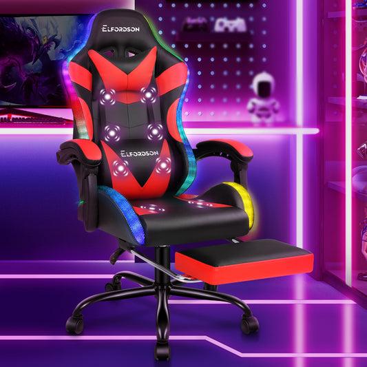 ELFORDSON Gaming Chair Office Massage 12 RGB LED Computer Seat PU Leather Red