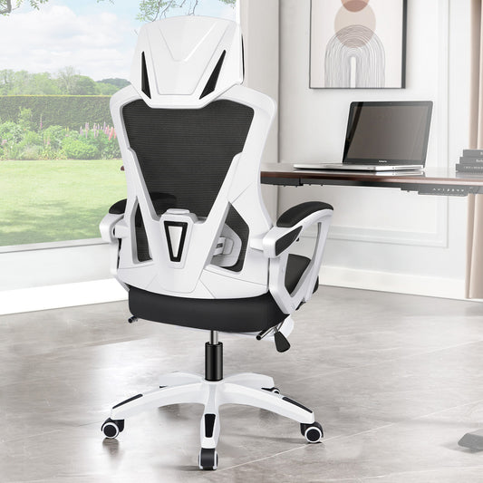 ELFORDSON Mesh Office Chair Racing Executive Fabric Seat Recliner White and Black