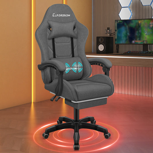 ELFORDSON Gaming Chair with 2-Point Massage Lumbar Cushion, 150° Reclining, Fabric, Dark Grey
