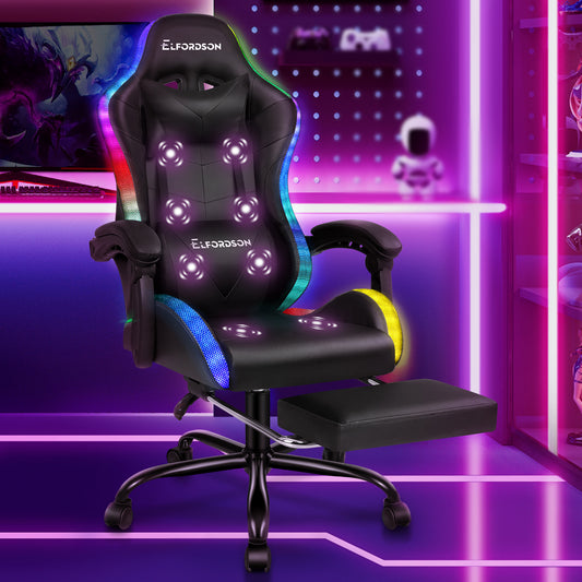 ELFORDSON Gaming Chair Office Massage 12 RGB LED Computer Seat PU Leather Black