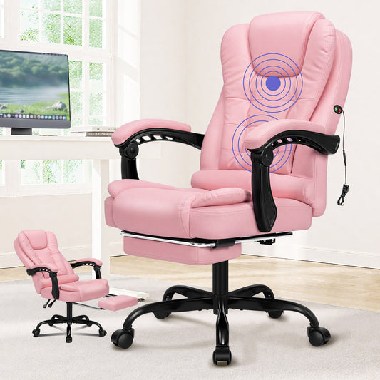 ELFORDSON Massage Office Chair with Footrest Executive Gaming Seat Leather Pink