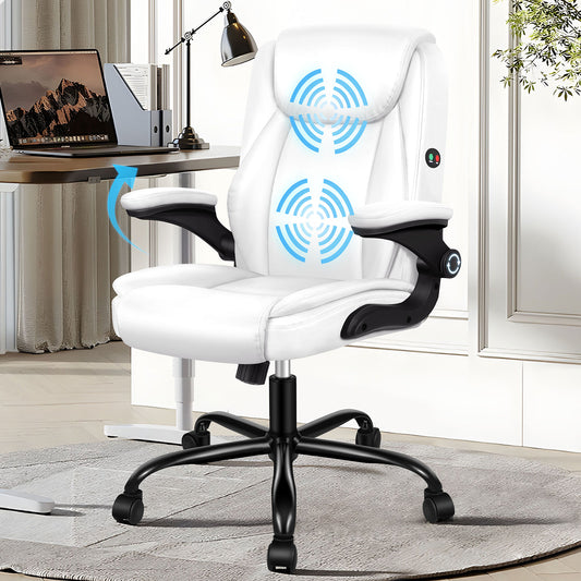 ELFORDSON Massage Office Chair Executive Computer Gaming Seat PU Leather White