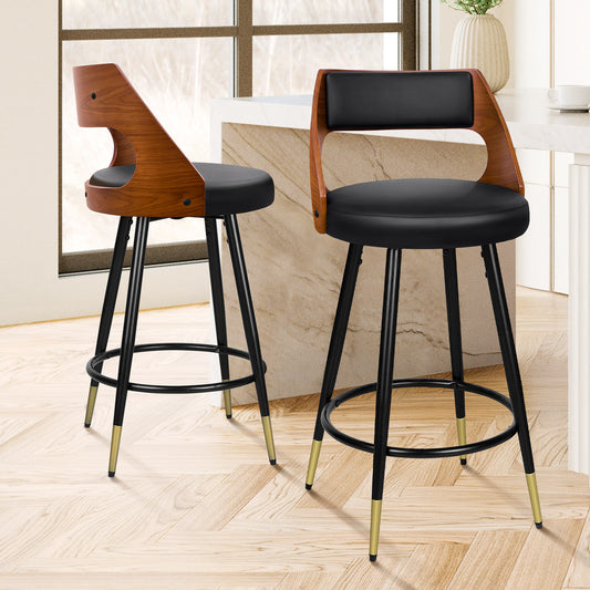 ALFORDSON Bar Stools Set of 2, 360° Swivel, Thick Padded PU Leather Seat, Black
