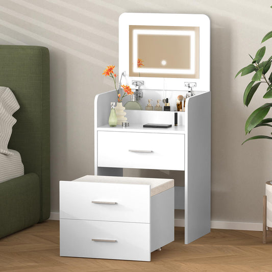 ALFORDSON 3 in 1 Dressing Table with Stool, Makeup Vanity Hinged Mirror, Foldable Top, Drawers Vanity Desk with LED Lighting, Small Dressing Table Set, Cosmetic Table for Bedroom,White