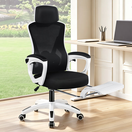 ELFORDSON Mesh Office Chair Racing Executive Fabric Seat Recliner White and Black