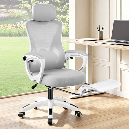 ELFORDSON Mesh Office Chair Racing Executive Fabric Seat Recliner Grey and White