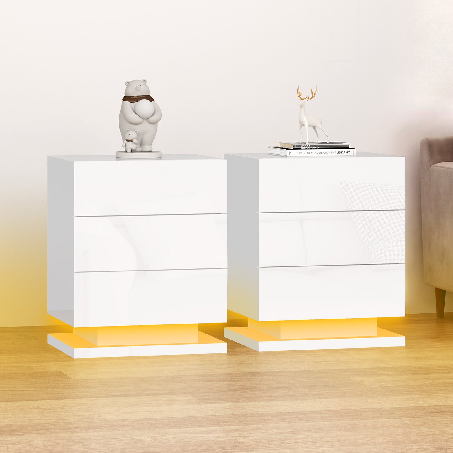 ELFORDSON Bedside Table 3 Drawer LED Nightstand Storage Cabinet High Gloss White