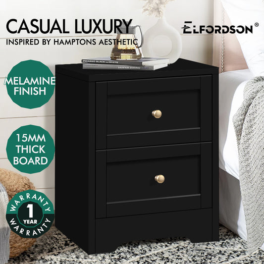 ELFORDSON Bedside Table 2 Drawers Hamptons End Storage Cabinet, Black