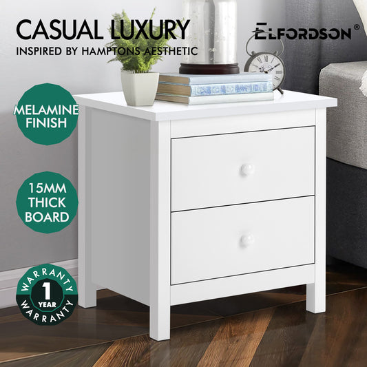 ELFORDSON Bedside Table Hamptons Nightstand Storage Side End 2 Drawers White