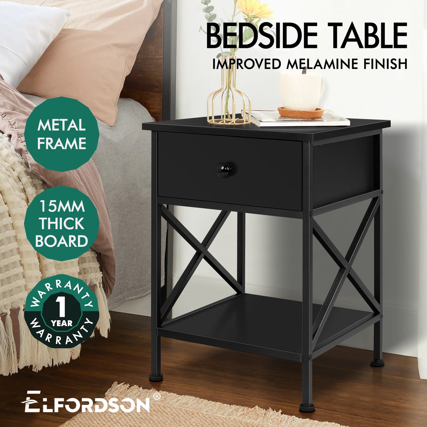 ELFORDSON Bedside Table Retro Wooden Nightstand Storage Side Cabinet, Black