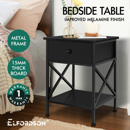 ELFORDSON Bedside Table Retro Wooden Nightstand Storage Side Cabinet, Black