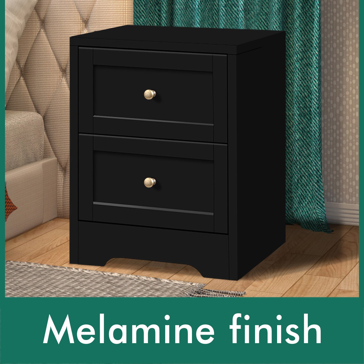 ELFORDSON Bedside Table 2 Drawers Hamptons End Storage Cabinet, Black