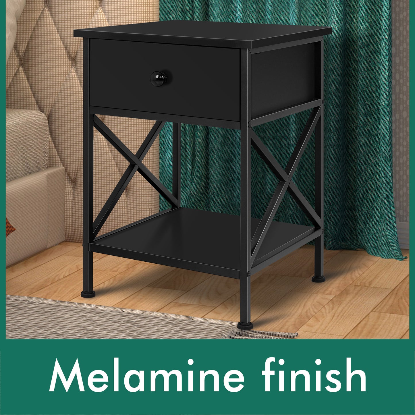 ELFORDSON Bedside Table Retro Wooden Nightstand Storage Side Cabinet, Black