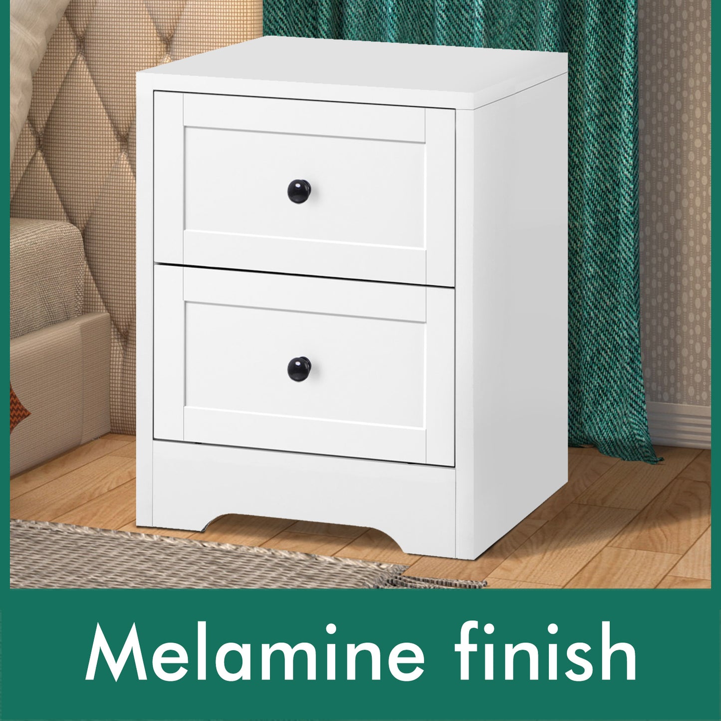 ELFORDSON Bedside Table 2 Drawers Hamptons End Storage Cabinet, White