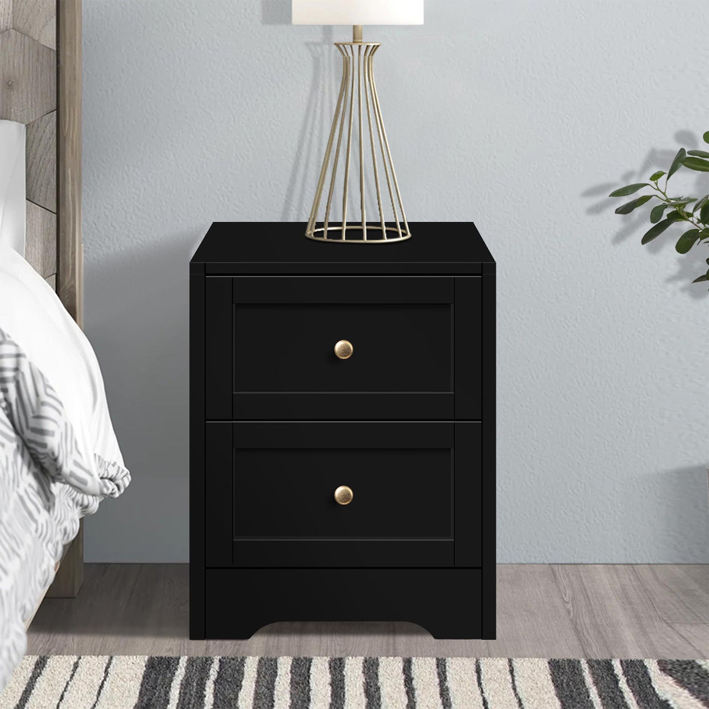 ELFORDSON Bedside Table 2 Drawers Hamptons End Storage Cabinet, Black