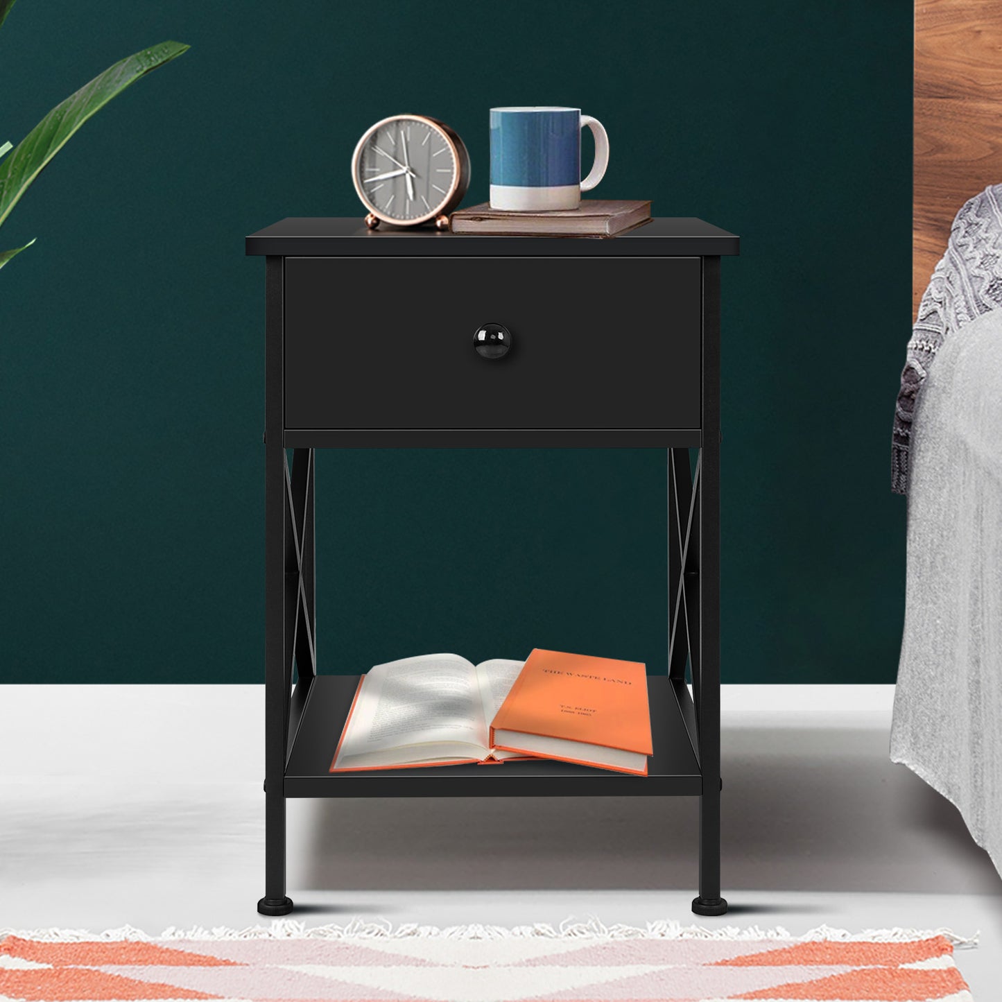 ELFORDSON Bedside Table Retro Wooden Nightstand Storage Side Cabinet, Black