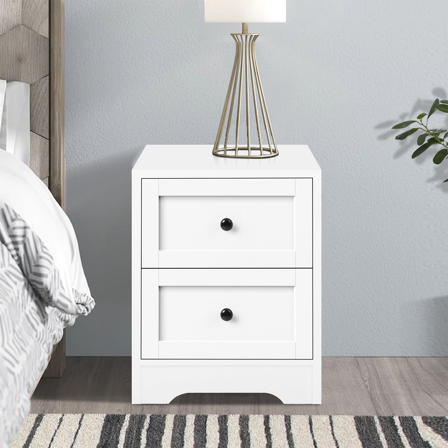 ELFORDSON Bedside Table 2 Drawers Hamptons End Storage Cabinet, White