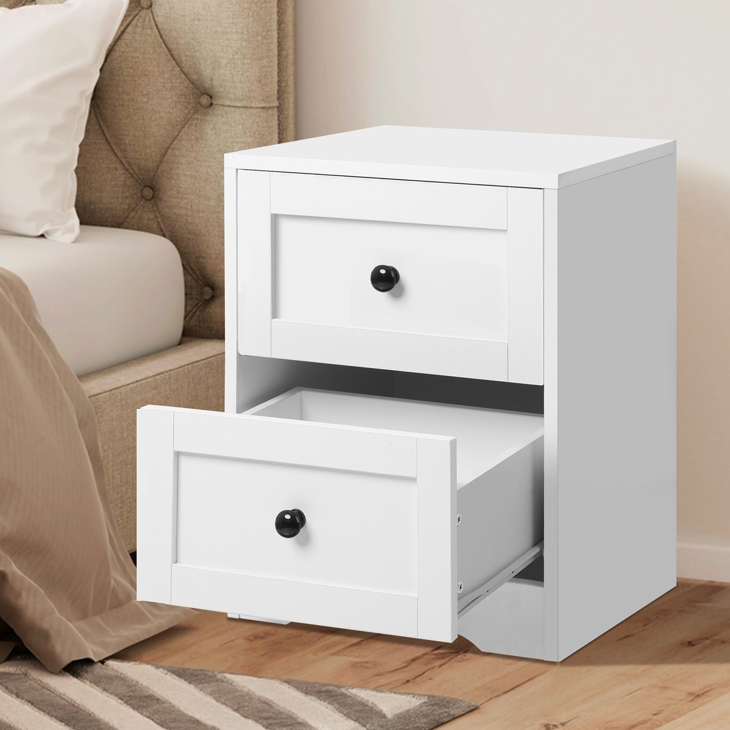 ELFORDSON Bedside Table 2 Drawers Hamptons End Storage Cabinet, White