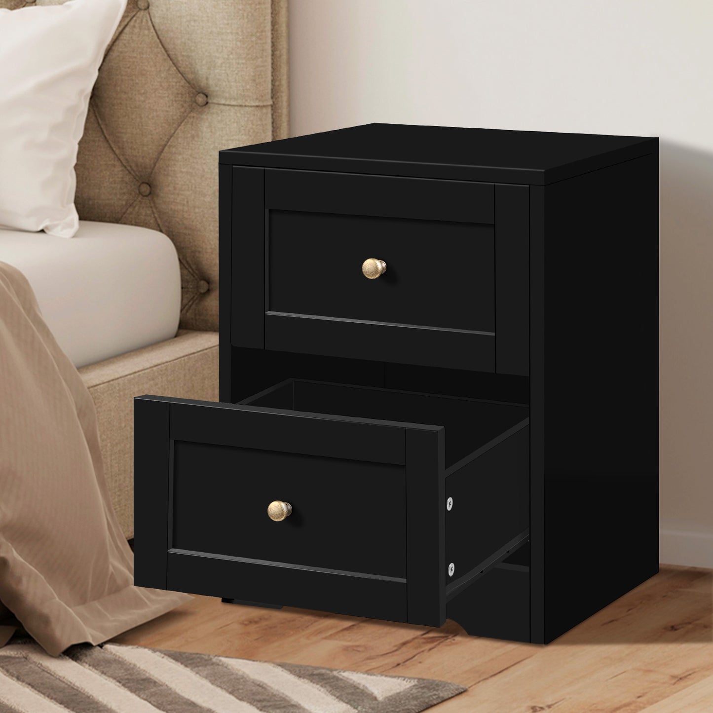 ELFORDSON Bedside Table 2 Drawers Hamptons End Storage Cabinet, Black