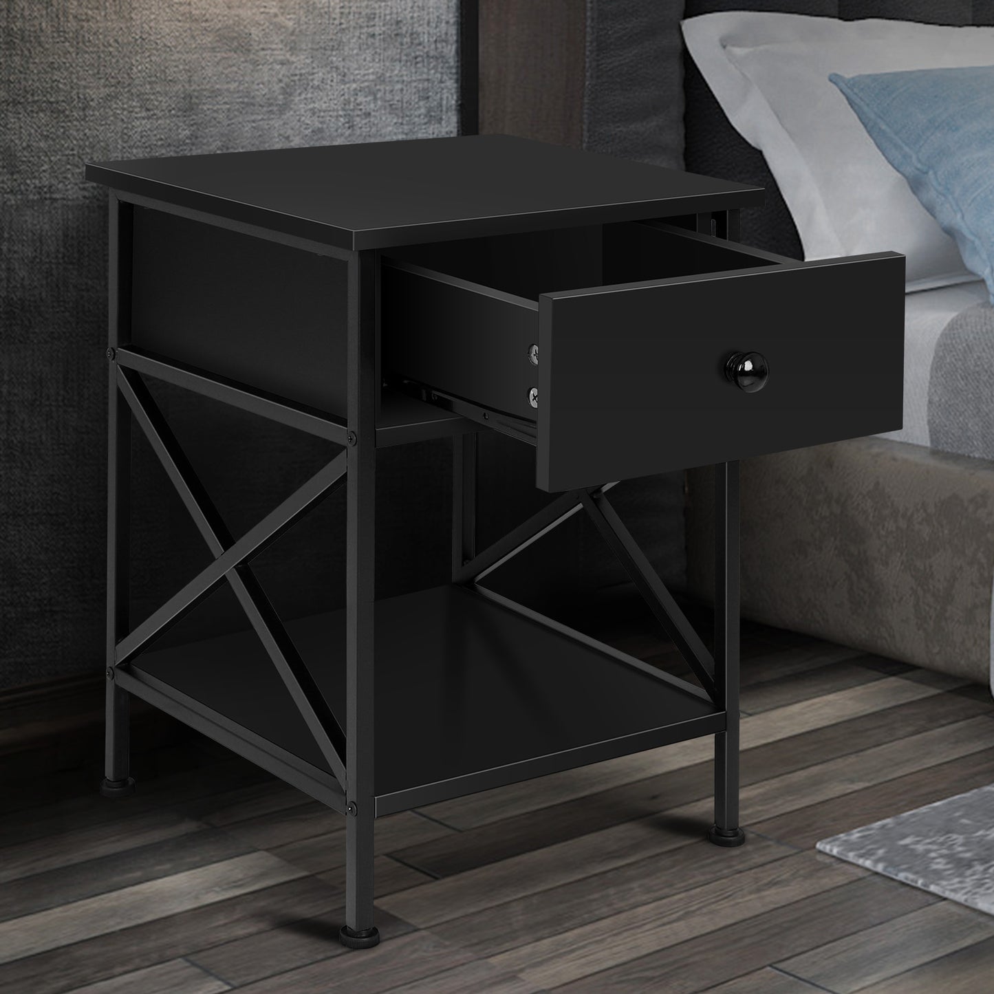 ELFORDSON Bedside Table Retro Wooden Nightstand Storage Side Cabinet, Black