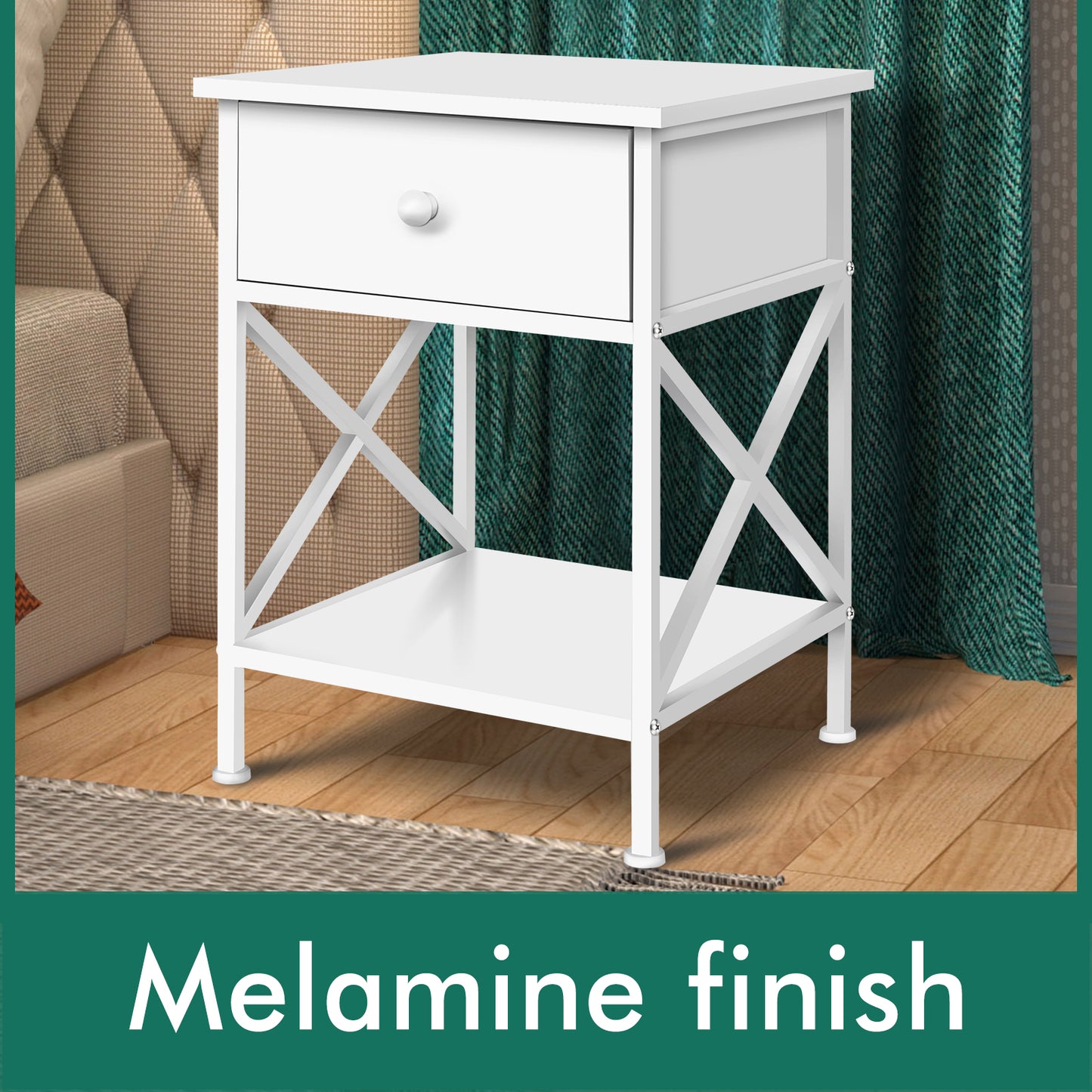 ELFORDSON Bedside Table Retro Wooden Nightstand Storage Side Cabinet, White