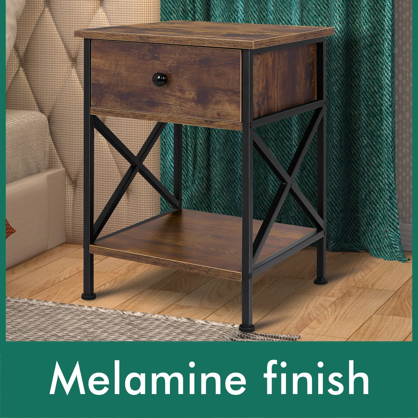 ELFORDSON Bedside Table Retro Wooden Nightstand Storage Side Cabinet, Rustic Brown