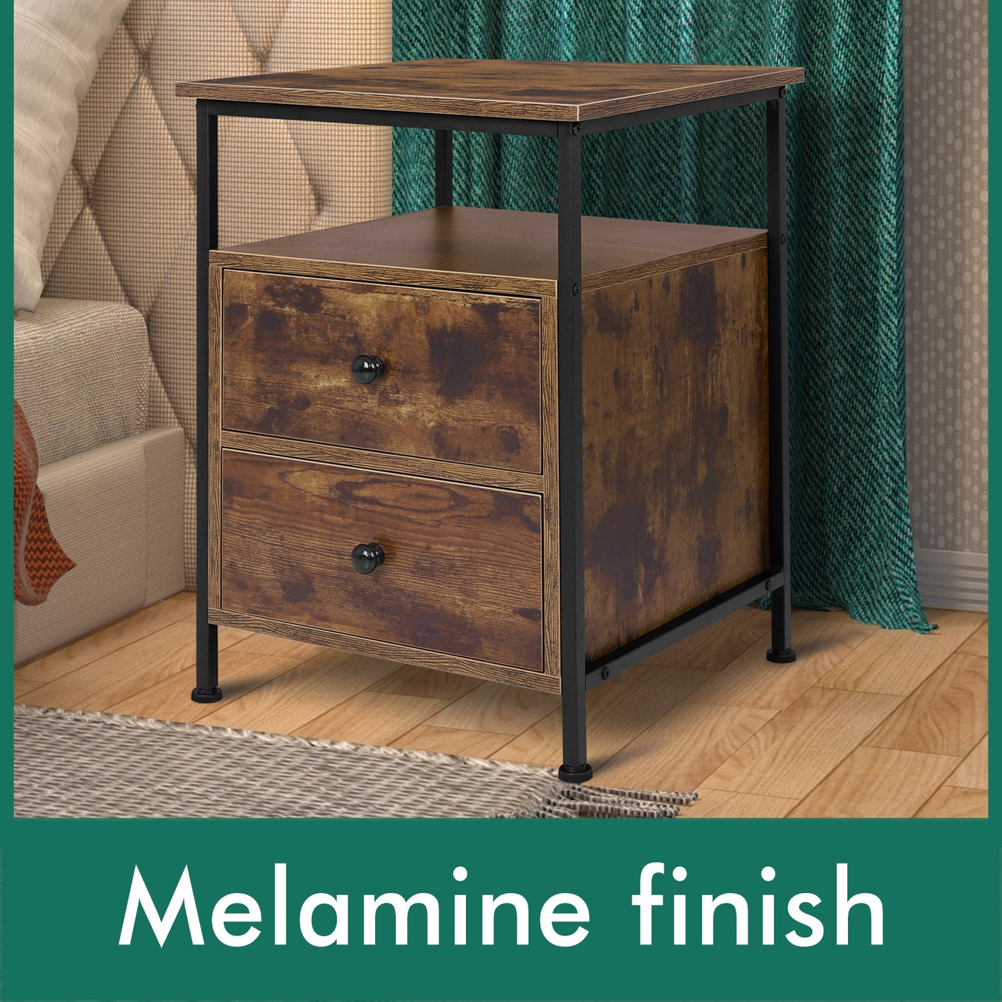 ELFORDSON Bedside Table Retro Wooden Nightstand Storage Side Cabinet, Rustic Brown
