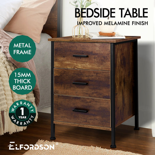ELFORDSON Bedside Table Retro Wooden Nightstand Storage Side Cabinet, Rustic Brown