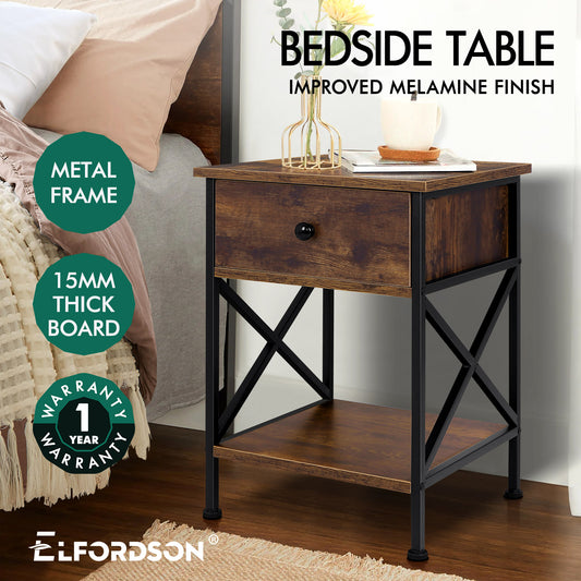 ELFORDSON Bedside Table Retro Wooden Nightstand Storage Side Cabinet, Rustic Brown