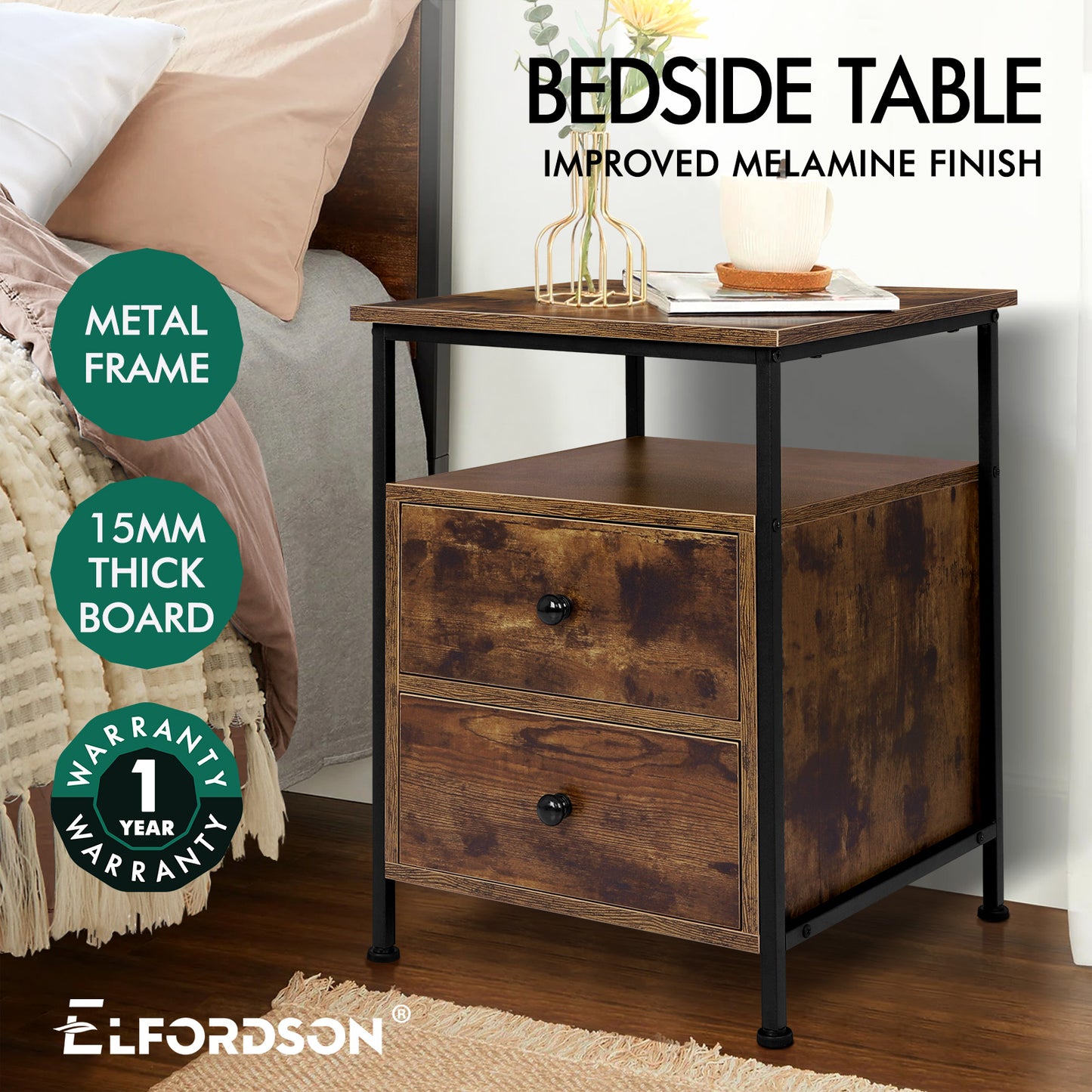 ELFORDSON Bedside Table Retro Wooden Nightstand Storage Side Cabinet, Rustic Brown