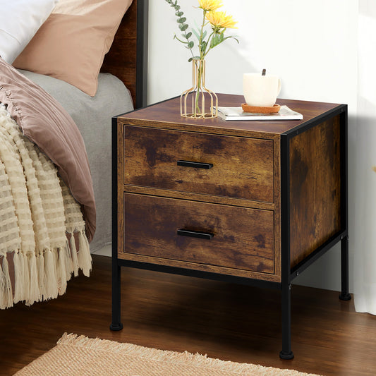 ELFORDSON Bedside Table Retro Wooden Nightstand Storage Side Cabinet, Rustic Brown
