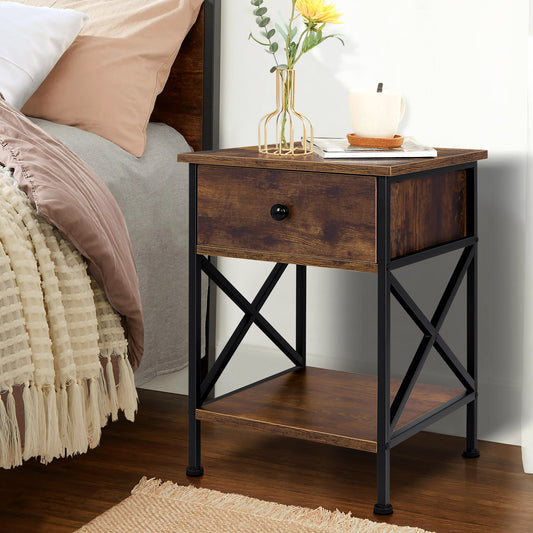 ELFORDSON Bedside Table Retro Wooden Nightstand Storage Side Cabinet, Rustic Brown