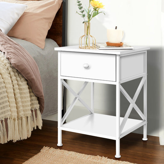 ELFORDSON Bedside Table Retro Wooden Nightstand Storage Side Cabinet, White
