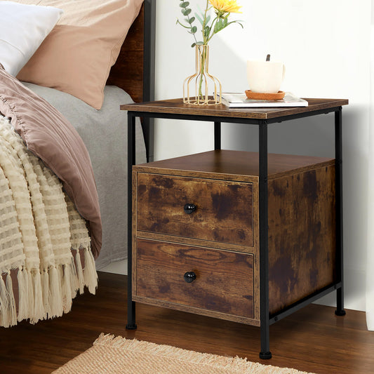 ELFORDSON Bedside Table Retro Wooden Nightstand Storage Side Cabinet, Rustic Brown