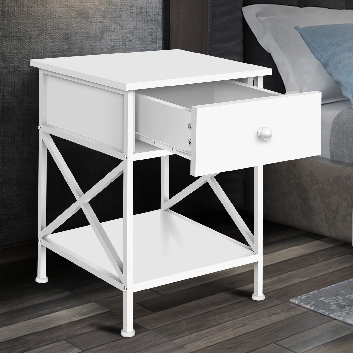 ELFORDSON Bedside Table Retro Wooden Nightstand Storage Side Cabinet, White