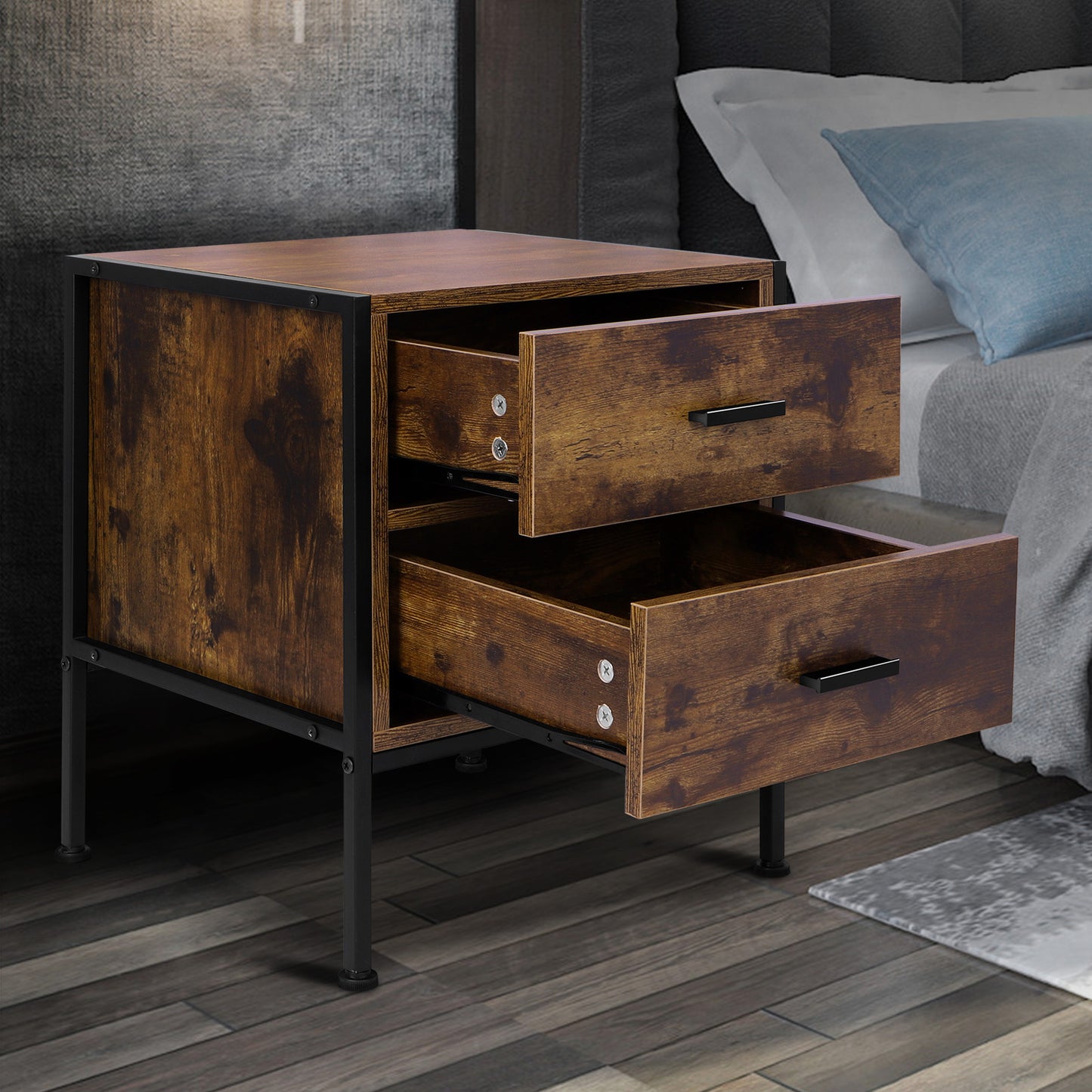 ELFORDSON Bedside Table Retro Wooden Nightstand Storage Side Cabinet, Rustic Brown