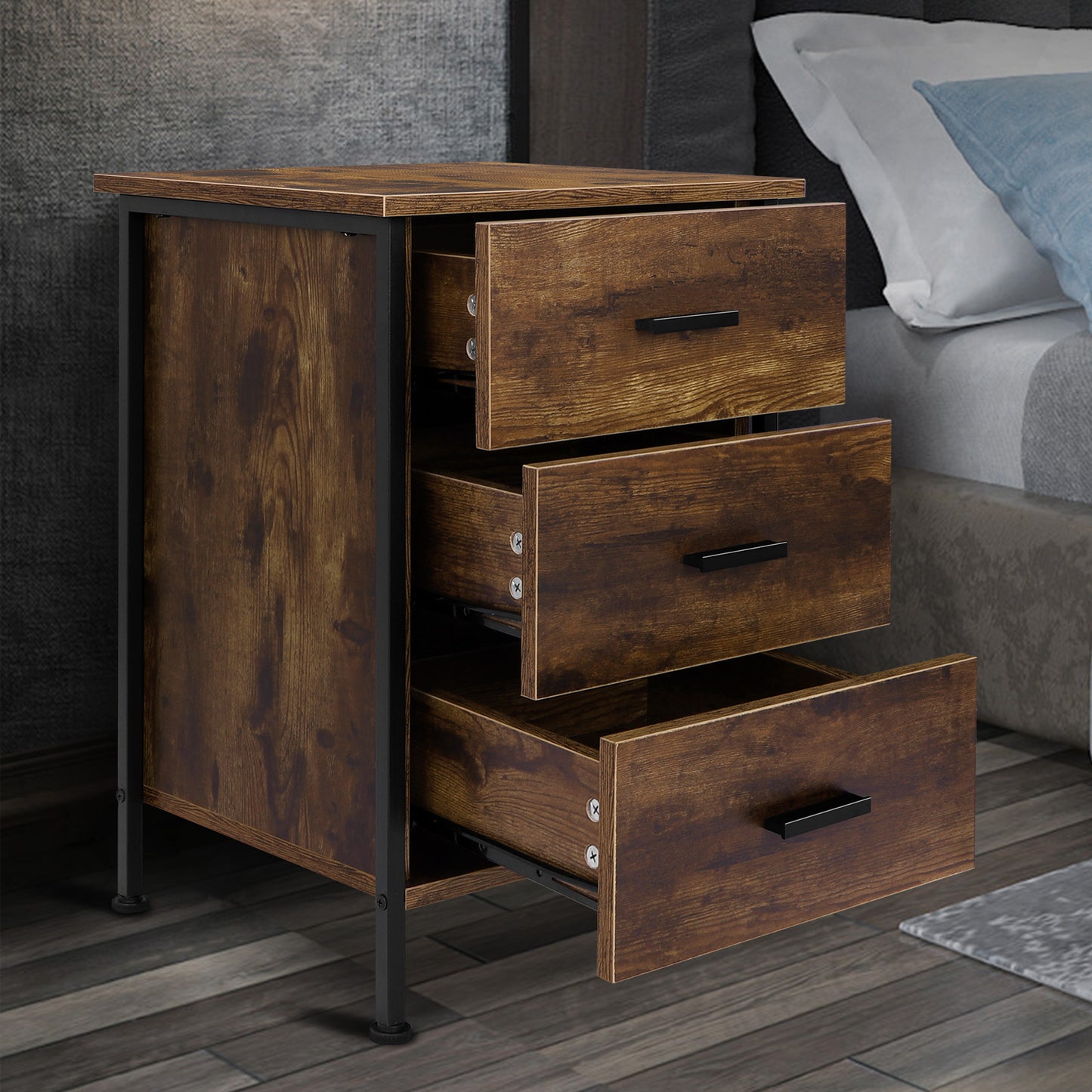 ELFORDSON Bedside Table Retro Wooden Nightstand Storage Side Cabinet, Rustic Brown