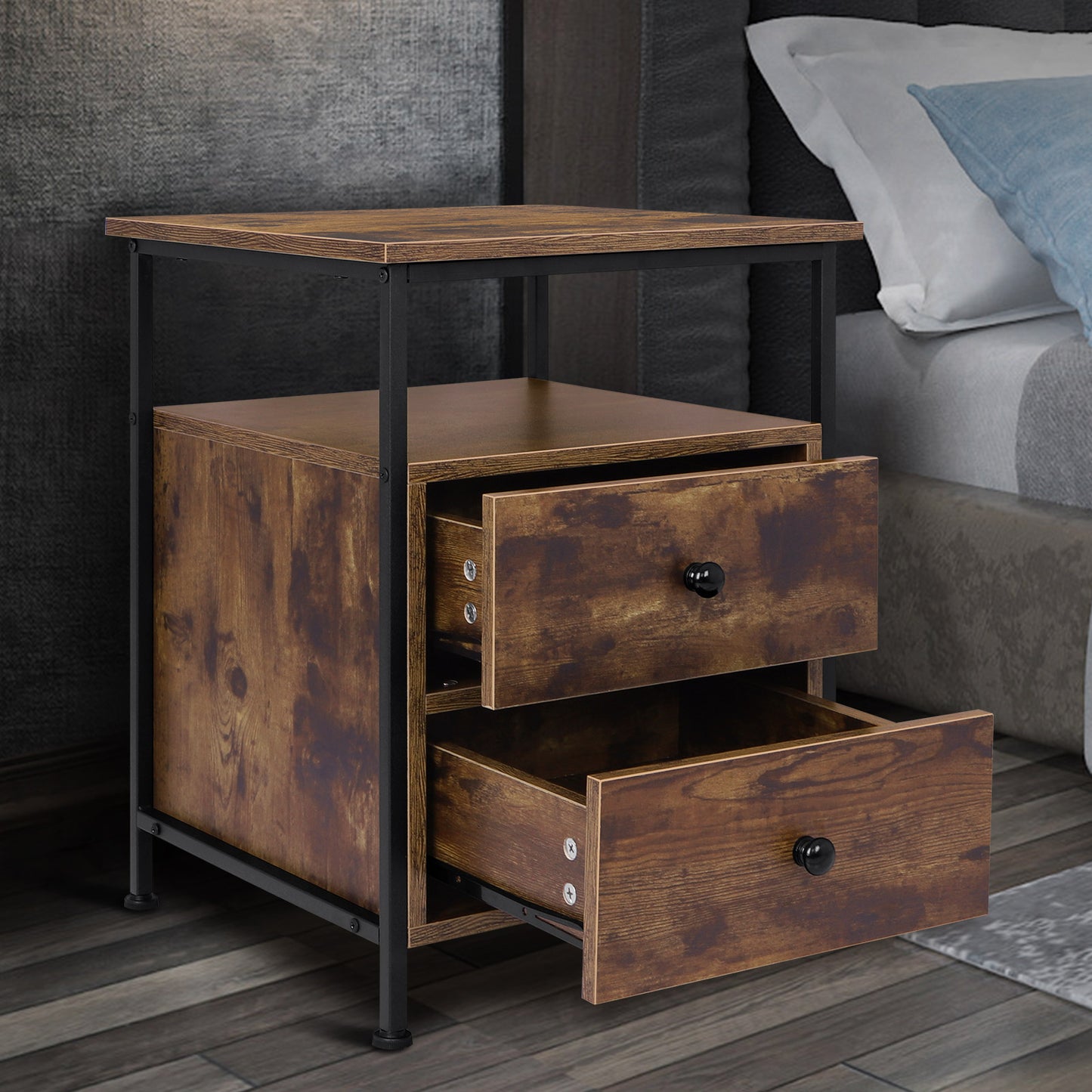 ELFORDSON Bedside Table Retro Wooden Nightstand Storage Side Cabinet, Rustic Brown