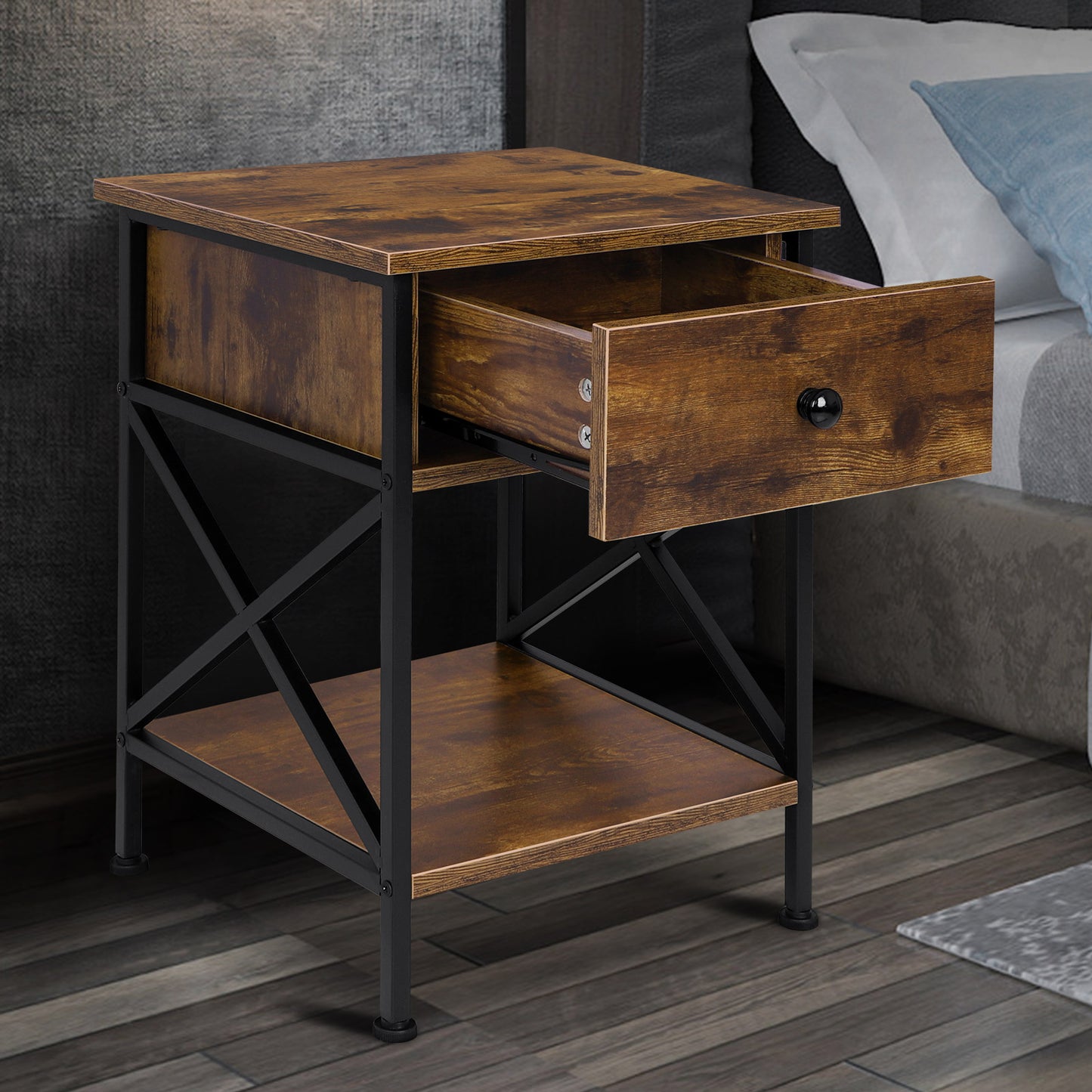 ELFORDSON Bedside Table Retro Wooden Nightstand Storage Side Cabinet, Rustic Brown