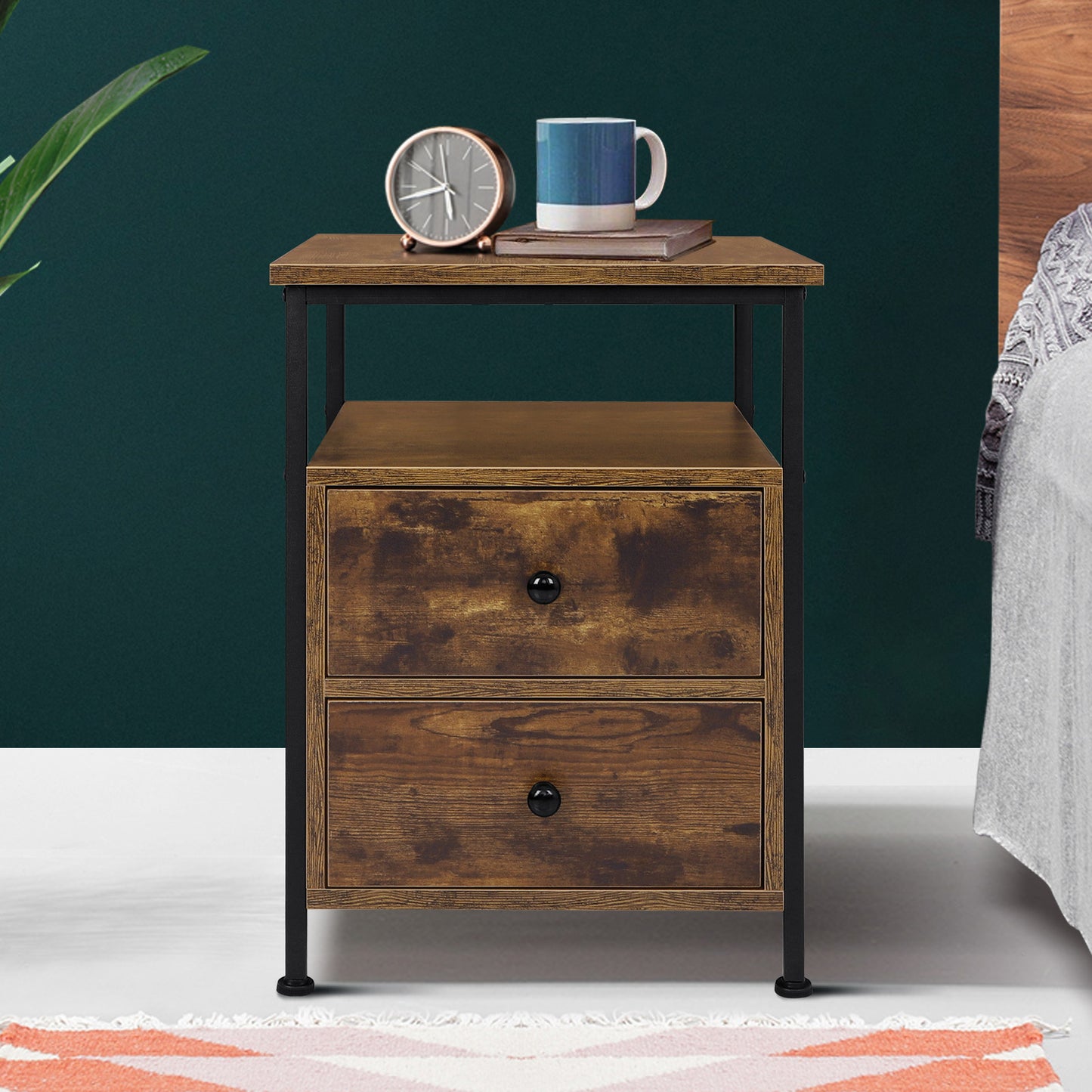 ELFORDSON Bedside Table Retro Wooden Nightstand Storage Side Cabinet, Rustic Brown