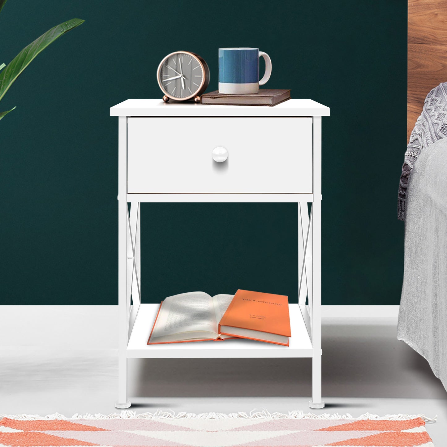 ELFORDSON Bedside Table Retro Wooden Nightstand Storage Side Cabinet, White