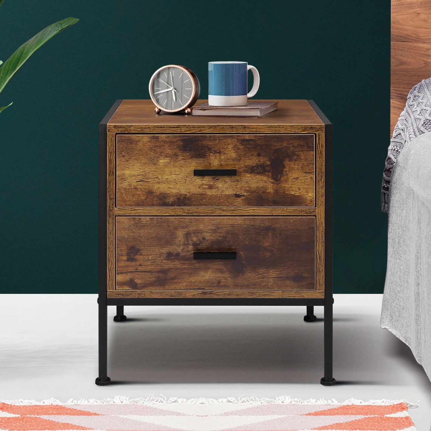 ELFORDSON Bedside Table Retro Wooden Nightstand Storage Side Cabinet, Rustic Brown